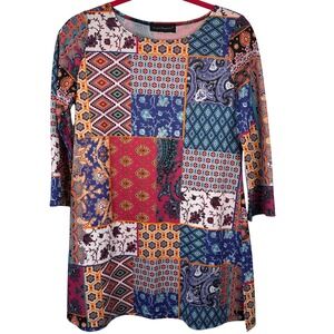 Travel Elements Patchwork Print Tunic Dress 3/4 Sleeve Women's Small